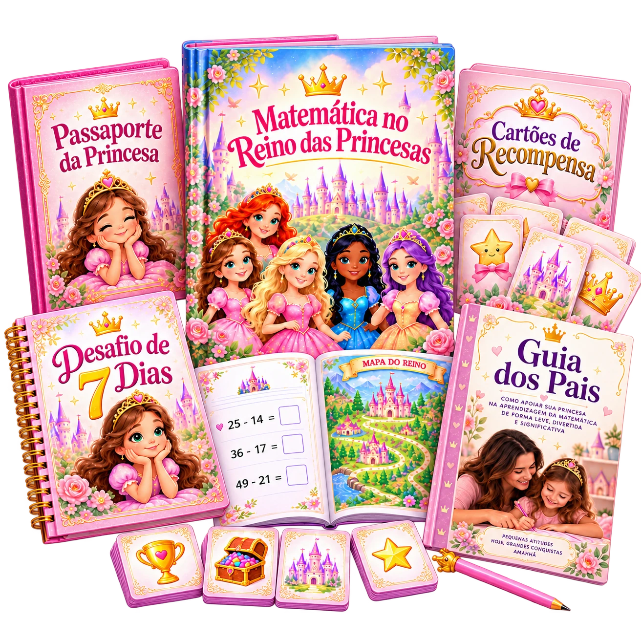 Kit Matemática no Reino das Princesas com material principal e os quatro bônus do plano Completo